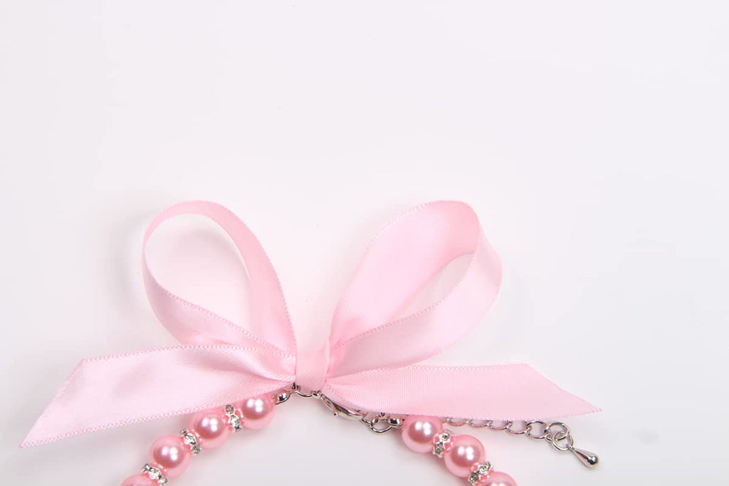 Pearls Necklace Collar with Ribbon Bow Pet Jewelry Pink A84683