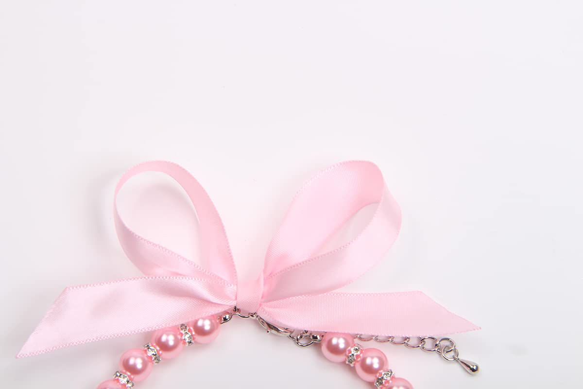 Pearls Necklace Collar with Ribbon Bow Pet Jewelry Pink A84683