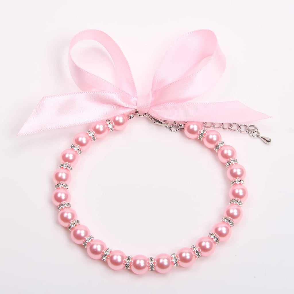 Pearls Necklace Collar with Ribbon Bow Pet Jewelry Pink A84683