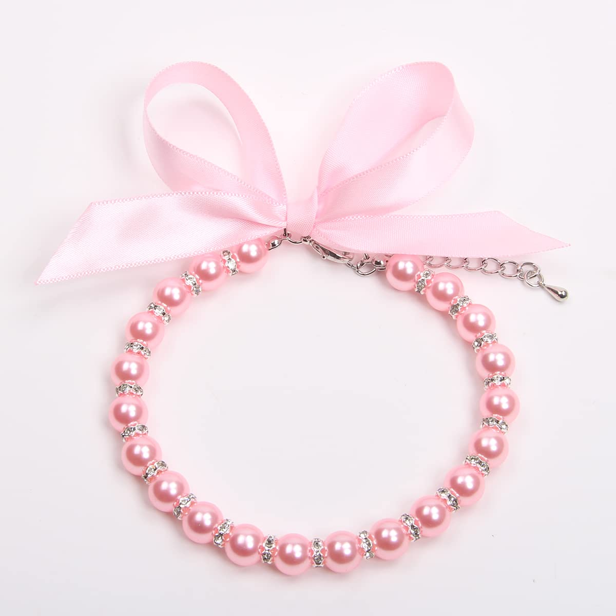 Pearls Necklace Collar with Ribbon Bow Pet Jewelry Pink A84683