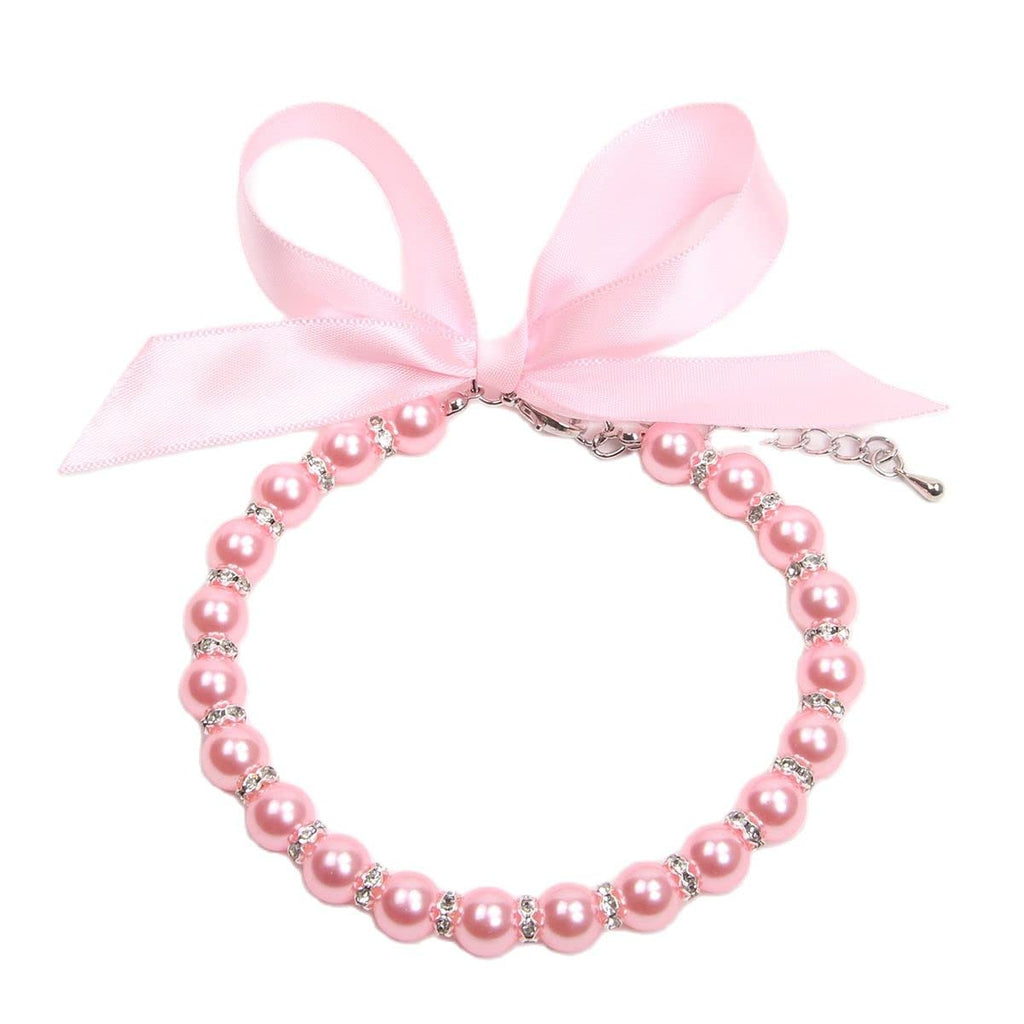 Pearls Necklace Collar with Ribbon Bow Pet Jewelry Pink A84683