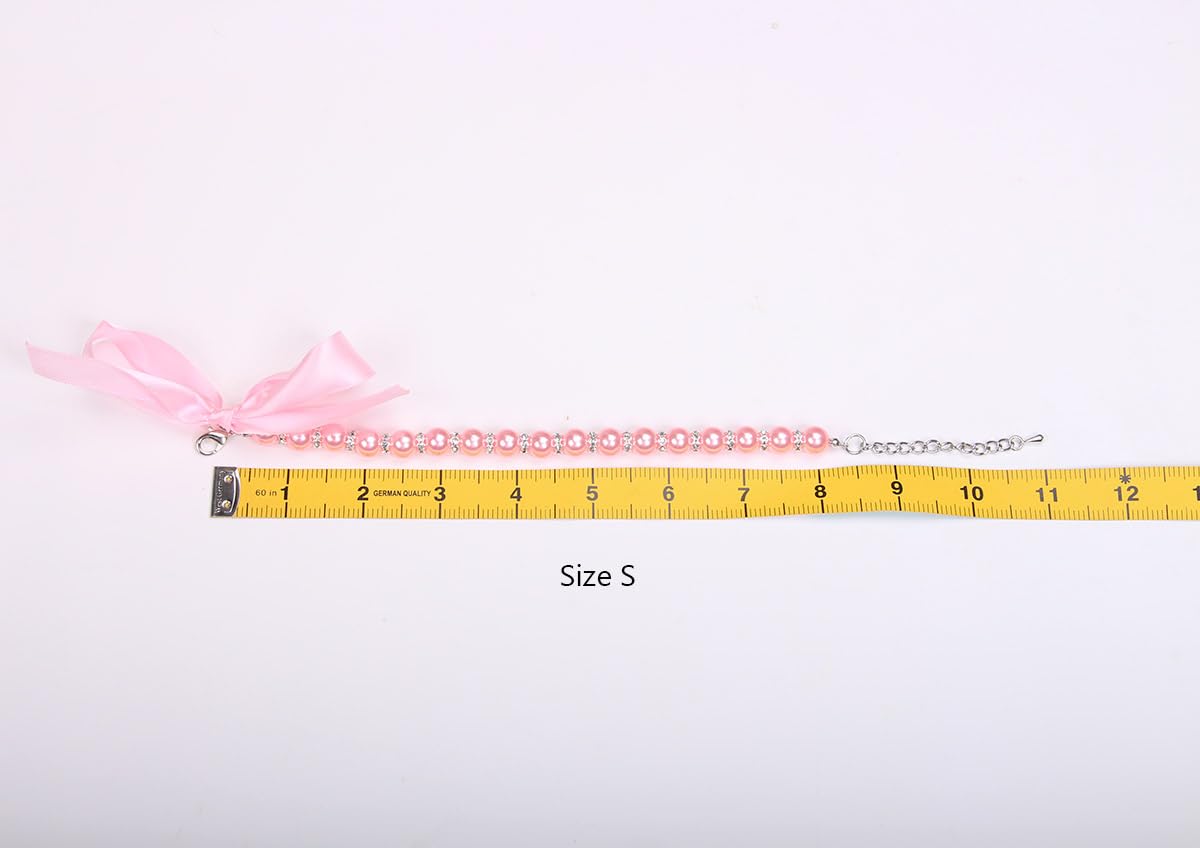 Pearls Necklace Collar with Ribbon Bow Pet Jewelry Pink A84683