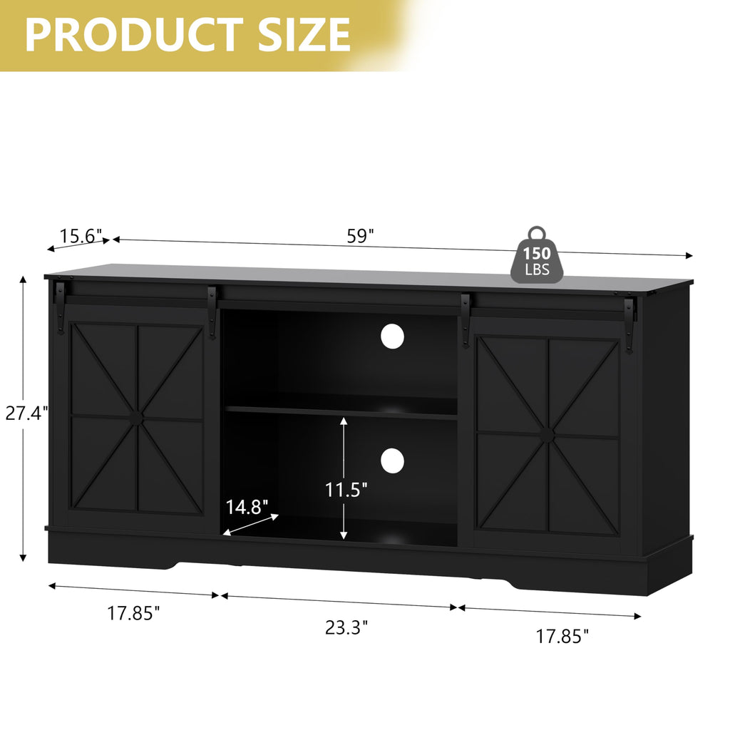 Black Farmhouse TV Stand with Storage Cabinets & Sliding Barn Doors E3573