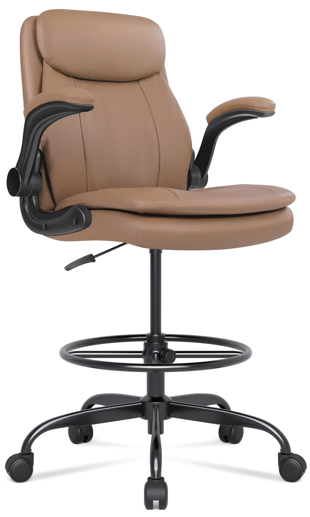 Leather Drafting Chair with Adjustable Height and Flip-up Armrest T6854