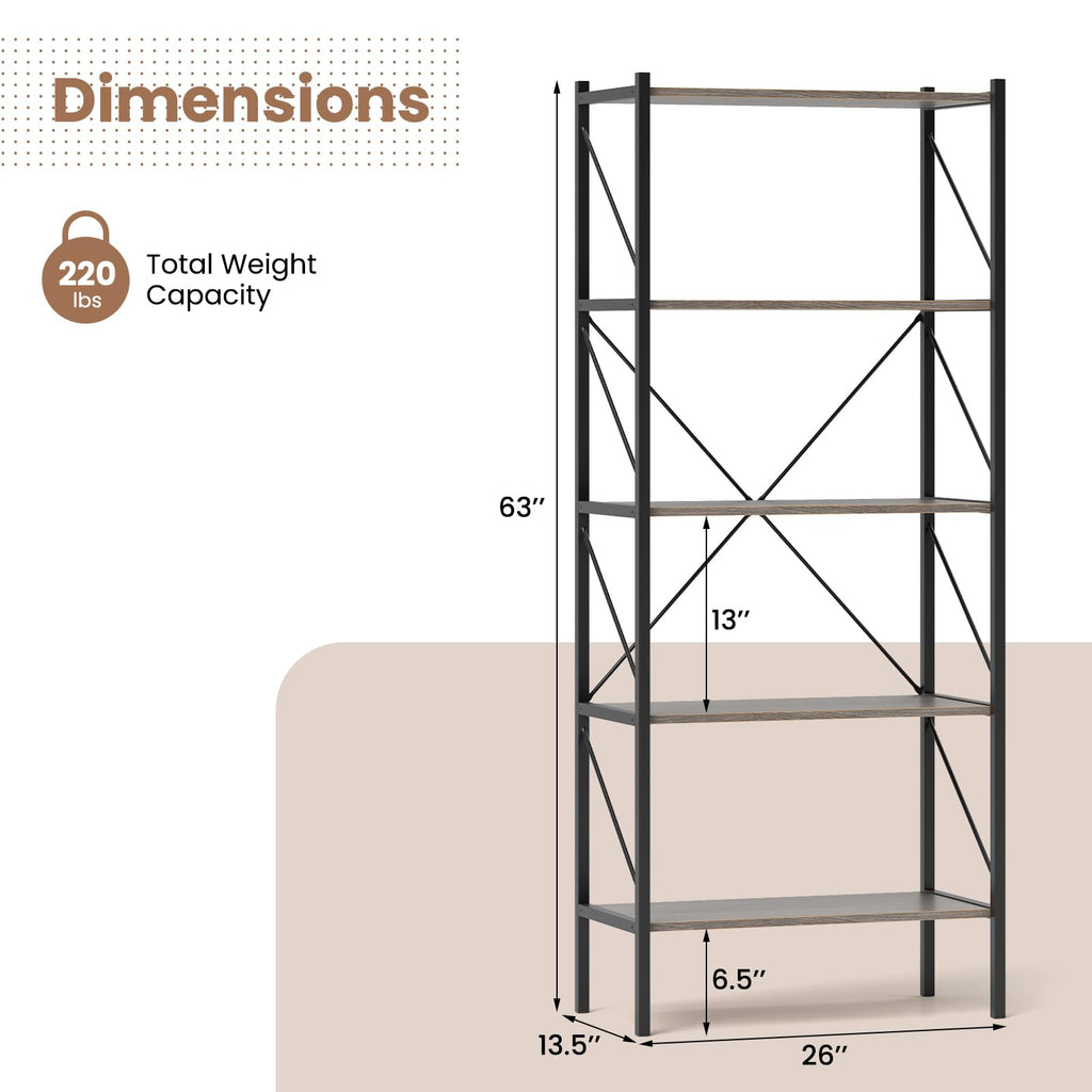 5-Tier Industrial Bookshelf with Open Storage Shelves F738