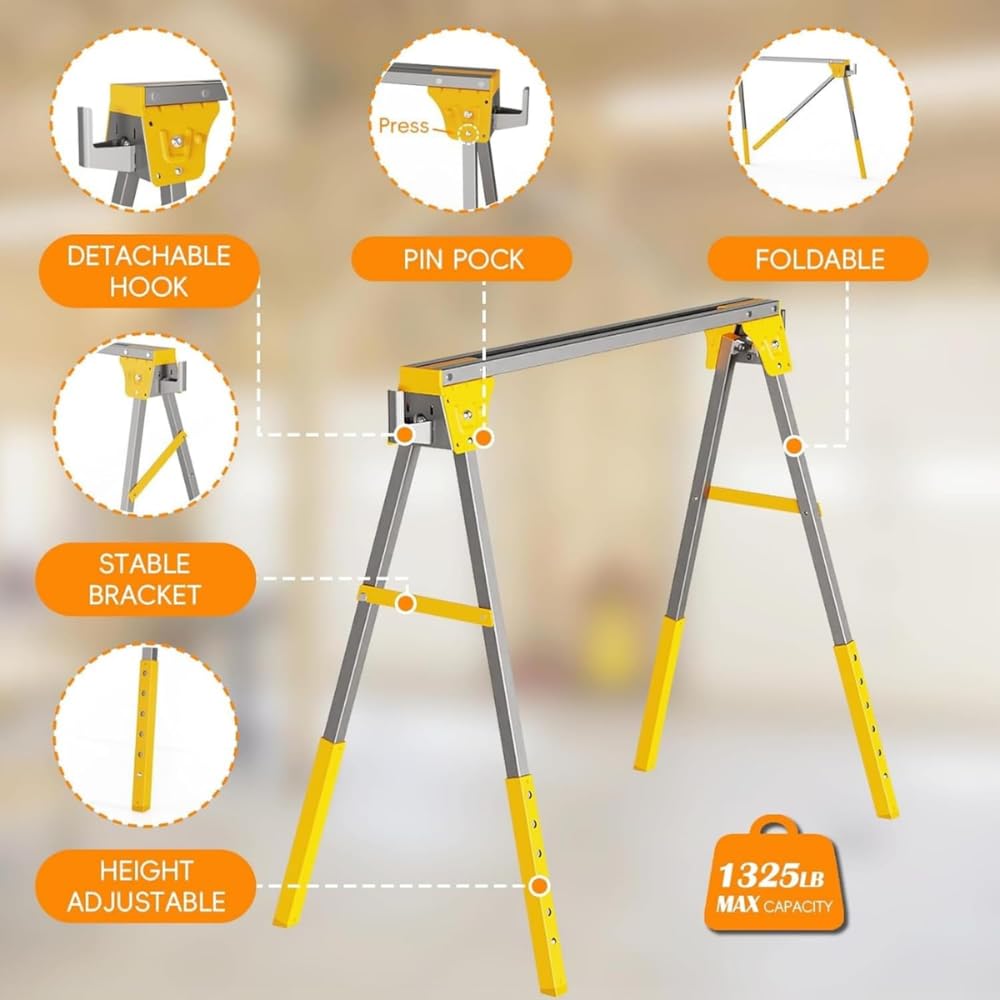 Heavy Duty Folding Sawhorses 2-Pack with 6 Height Adjustments H82364