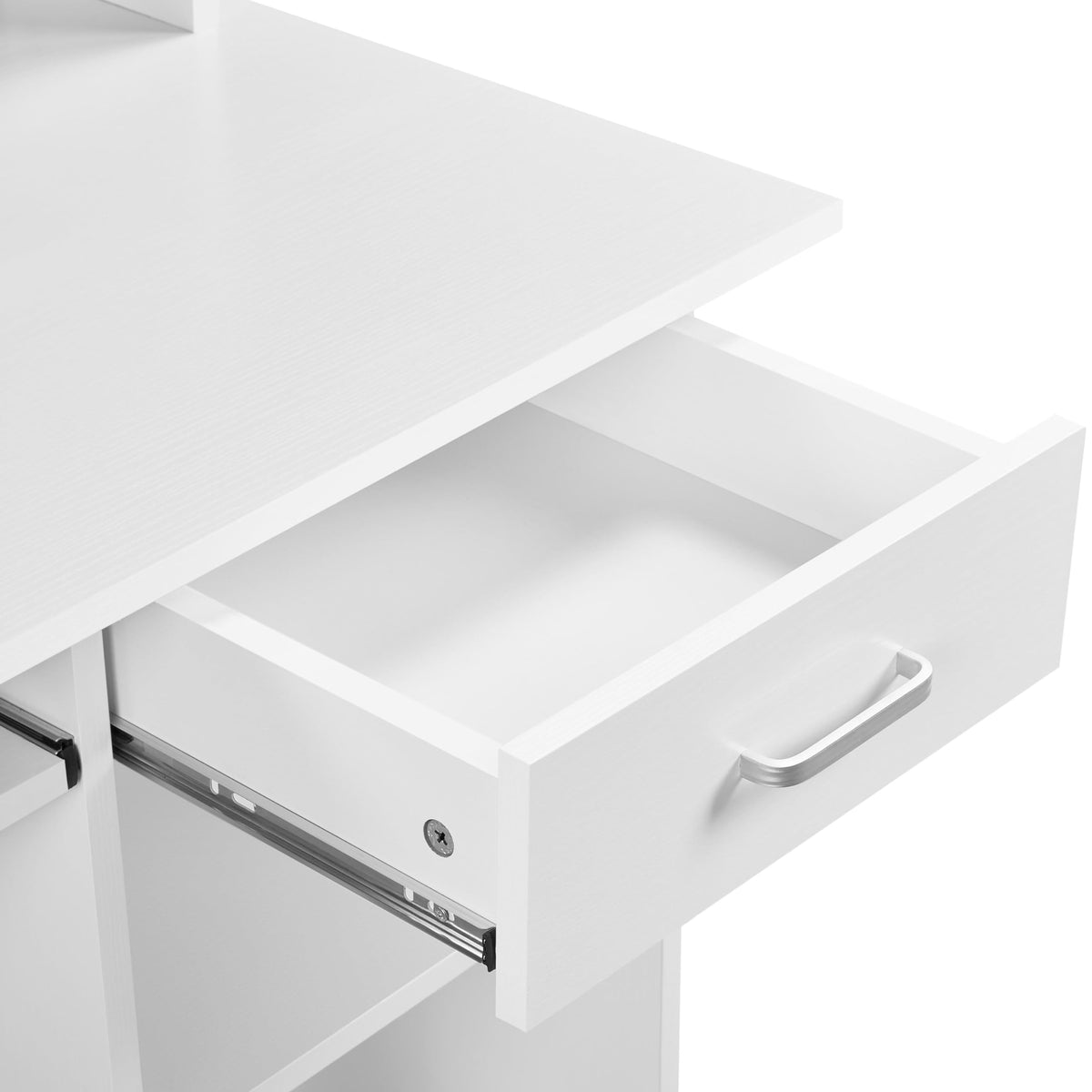 White Computer Desk with Keyboard Tray, Drawers, and Shelves V69547