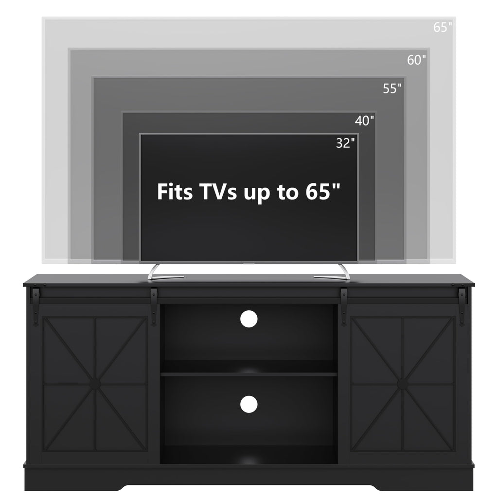 Black Farmhouse TV Stand with Storage Cabinets & Sliding Barn Doors E3573