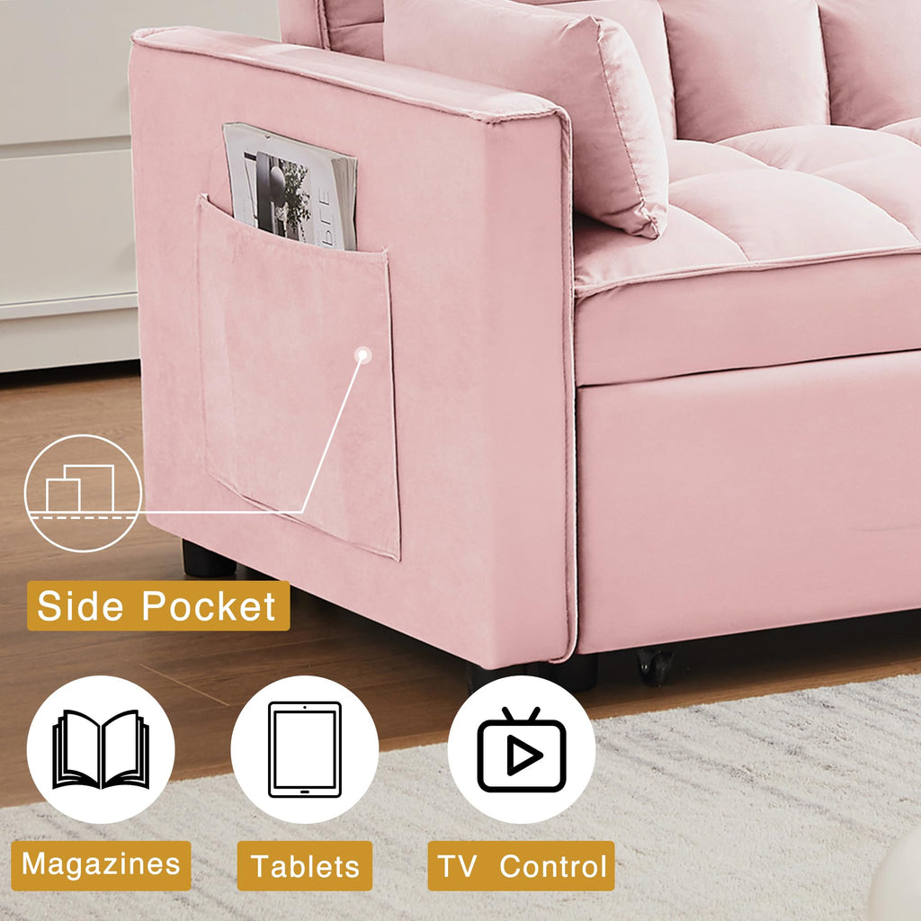 3 in 1 Convertible Sleeper Sofa Bed Velvet Pink O555