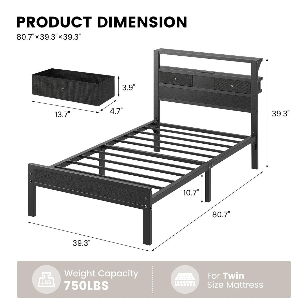 Twin Size Bed Frame with Storage Headboard and 2 Drawers O203491