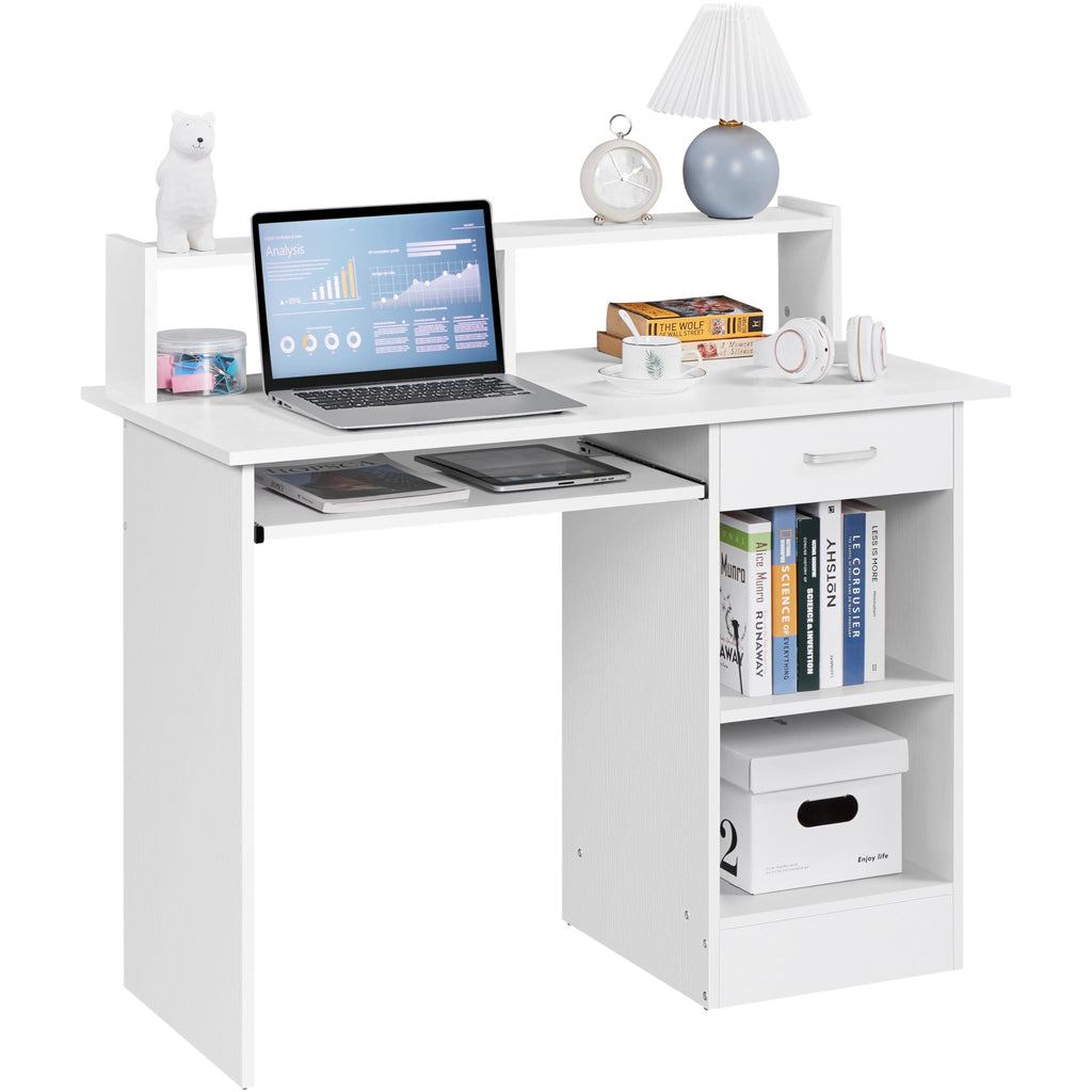 White Computer Desk with Keyboard Tray, Drawers, and Shelves V69547