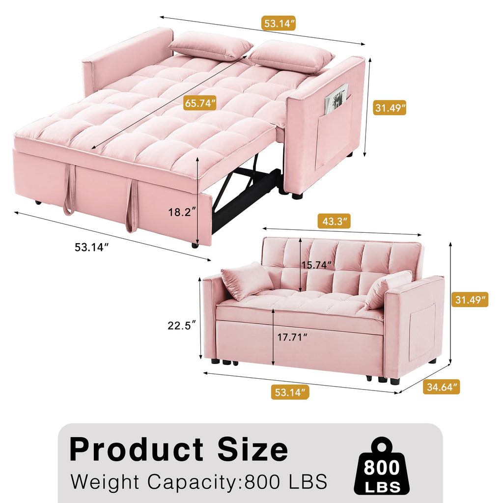 3 in 1 Convertible Sleeper Sofa Bed Velvet Pink O555
