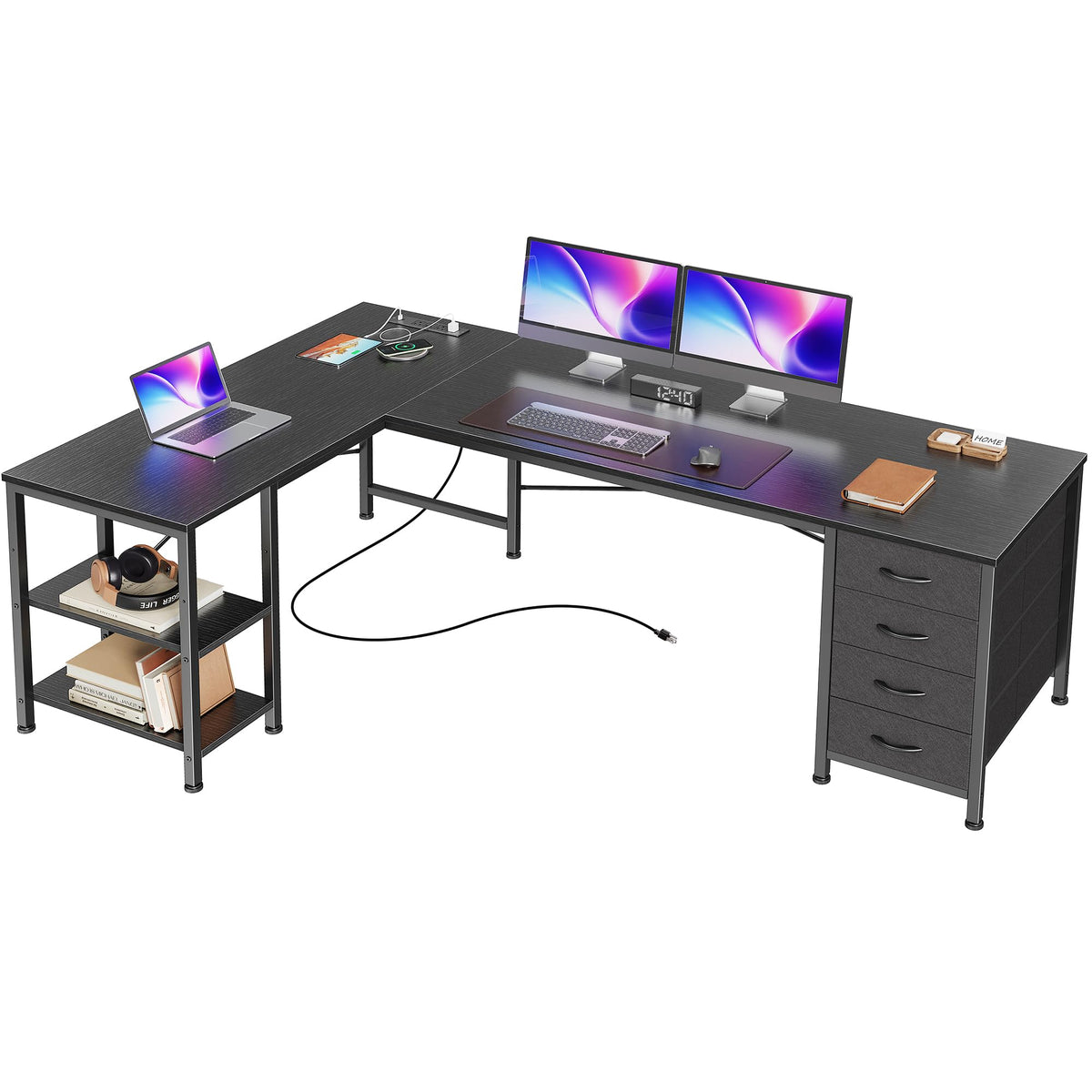 55 Inch L Shaped Desk with Fabric Drawers and Power Outlets M388