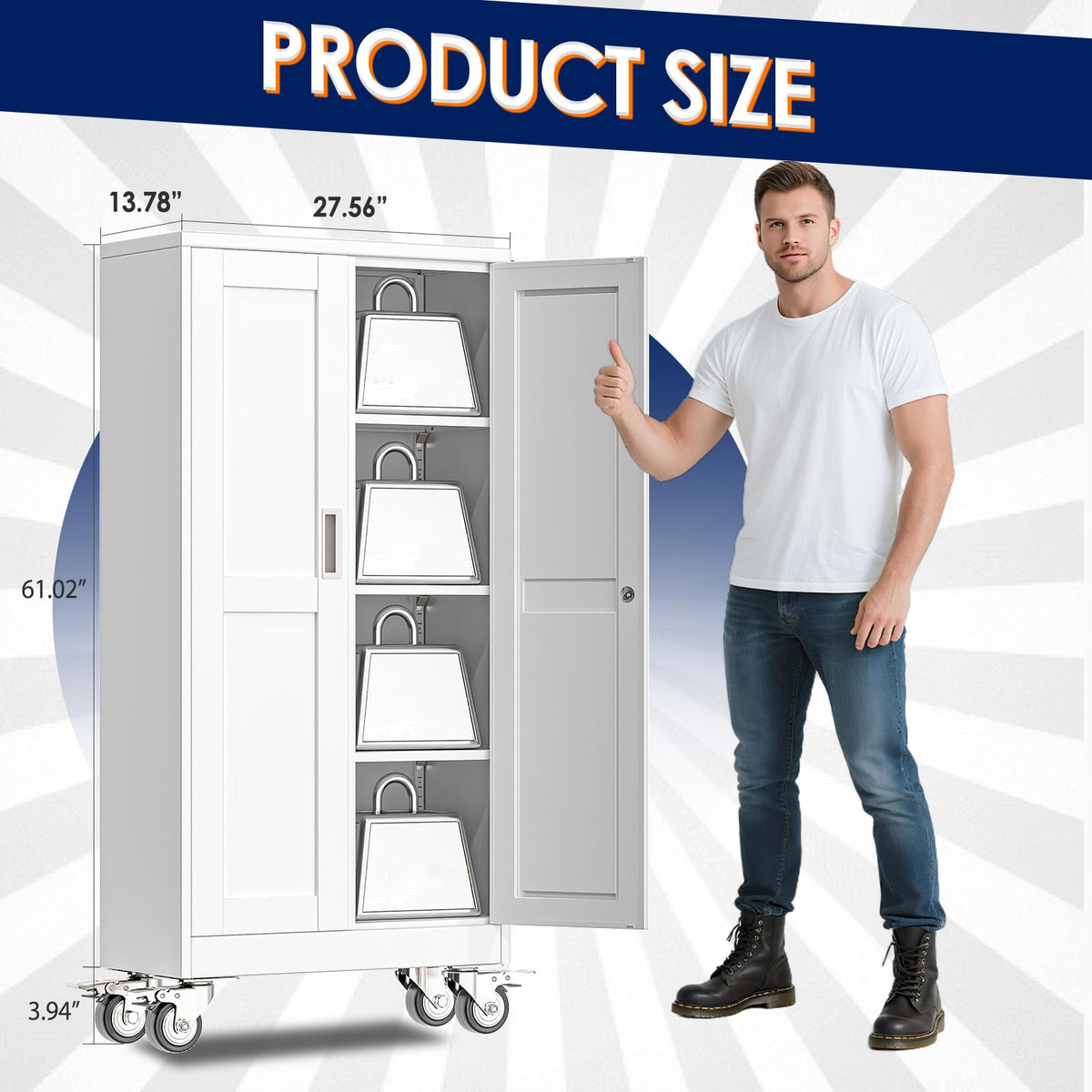 61" Metal Rolling Storage Cabinet with 2 Doors and Wheels O876902