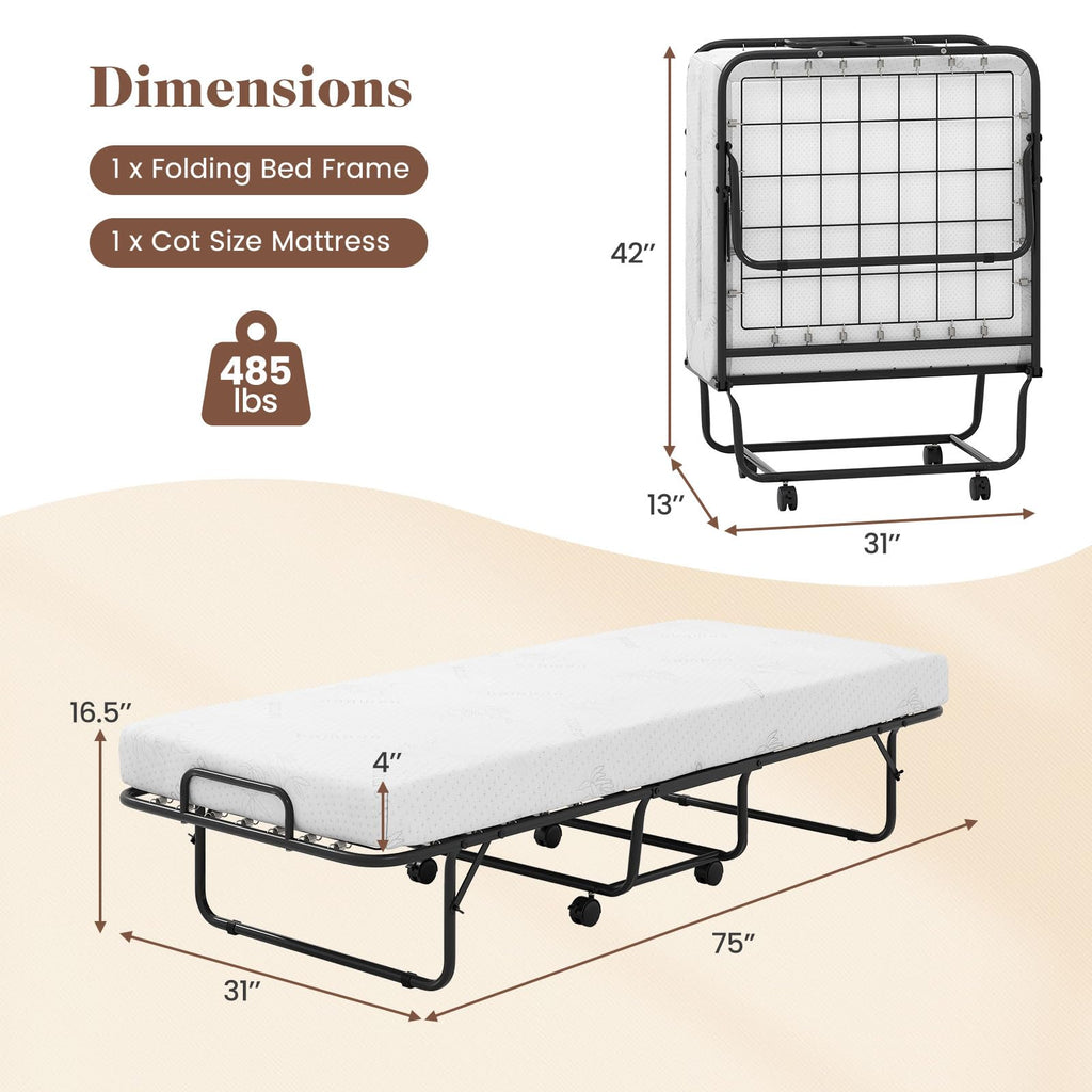 Folding Bed with Mattress, Cot Size Gel Memory Foam Metal Frame B1300