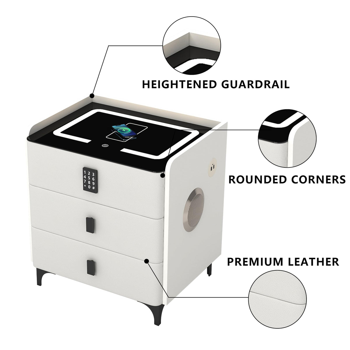 White Nightstand with Charging Station and LED Lights I843