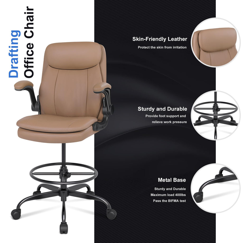 Leather Drafting Chair with Adjustable Height and Flip-up Armrest T6854