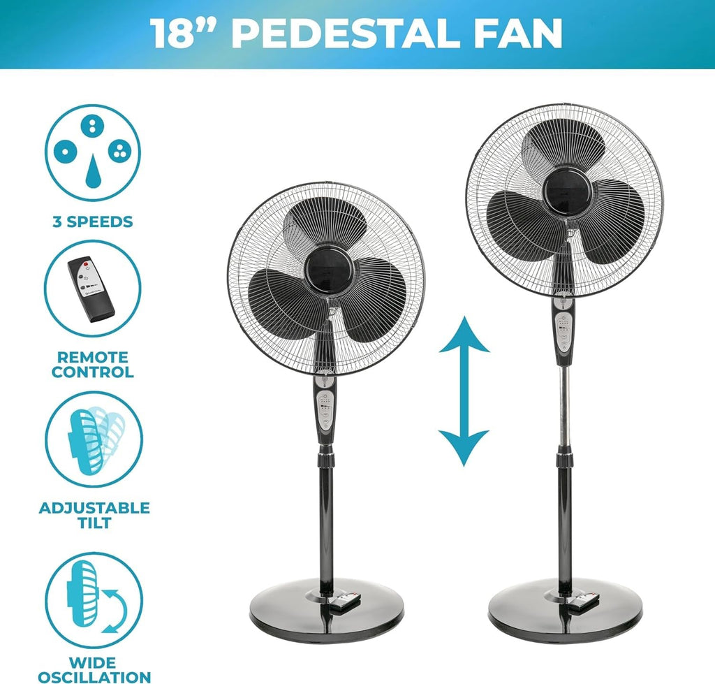 18" Oscillating Pedestal Fan with Remote Control, 3 Speed, Adjustable Height & Tilt M9781
