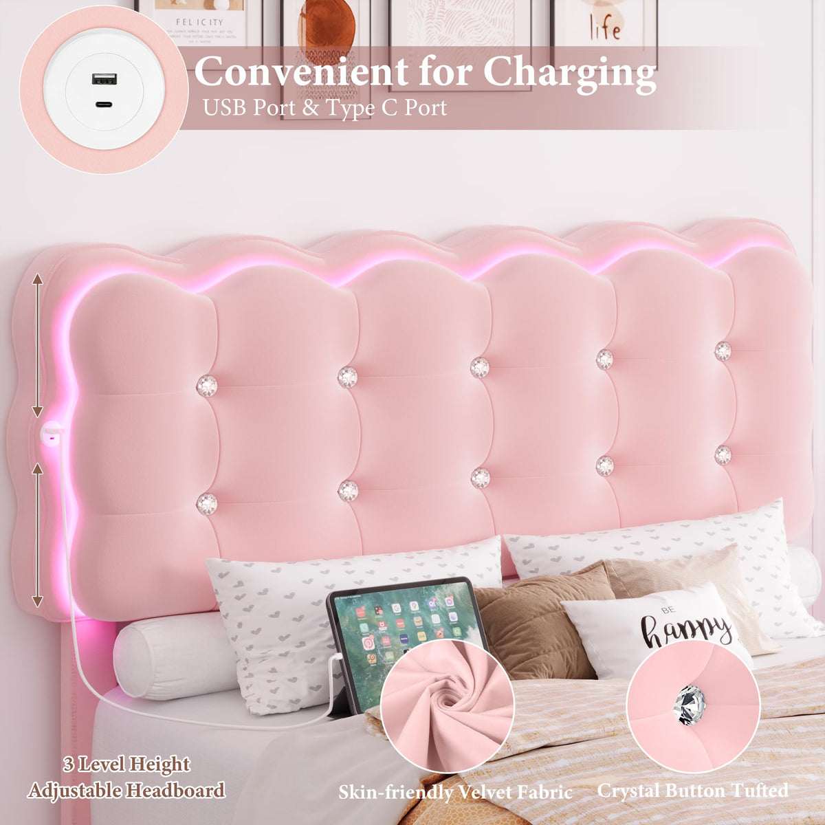 Full Size LED Bed Frame with Charging Station Headboard G2654