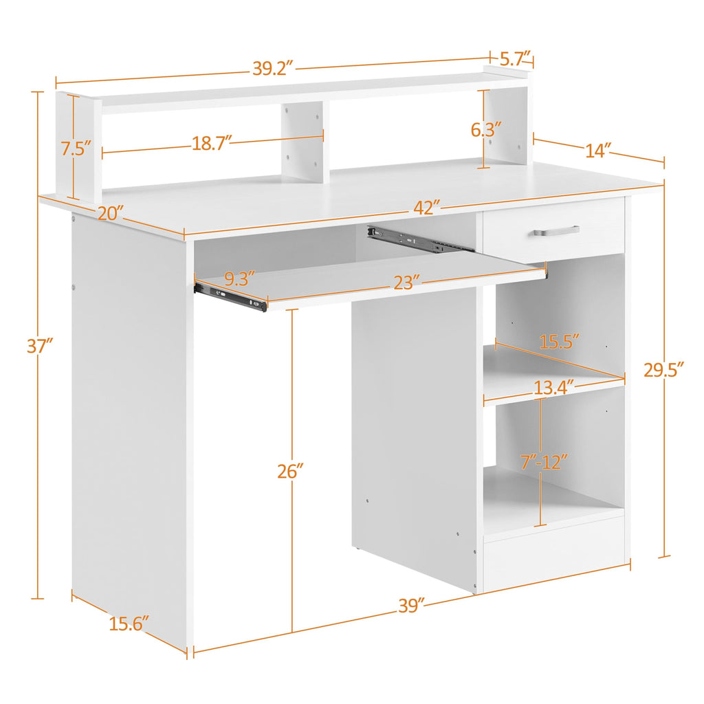 White Computer Desk with Keyboard Tray, Drawers, and Shelves V69547