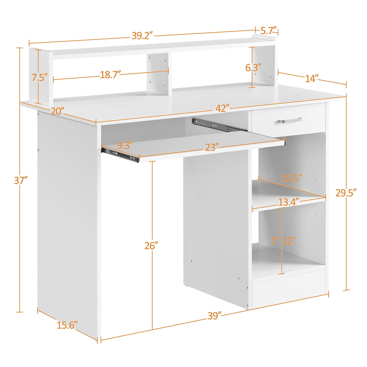 White Computer Desk with Keyboard Tray, Drawers, and Shelves V69547