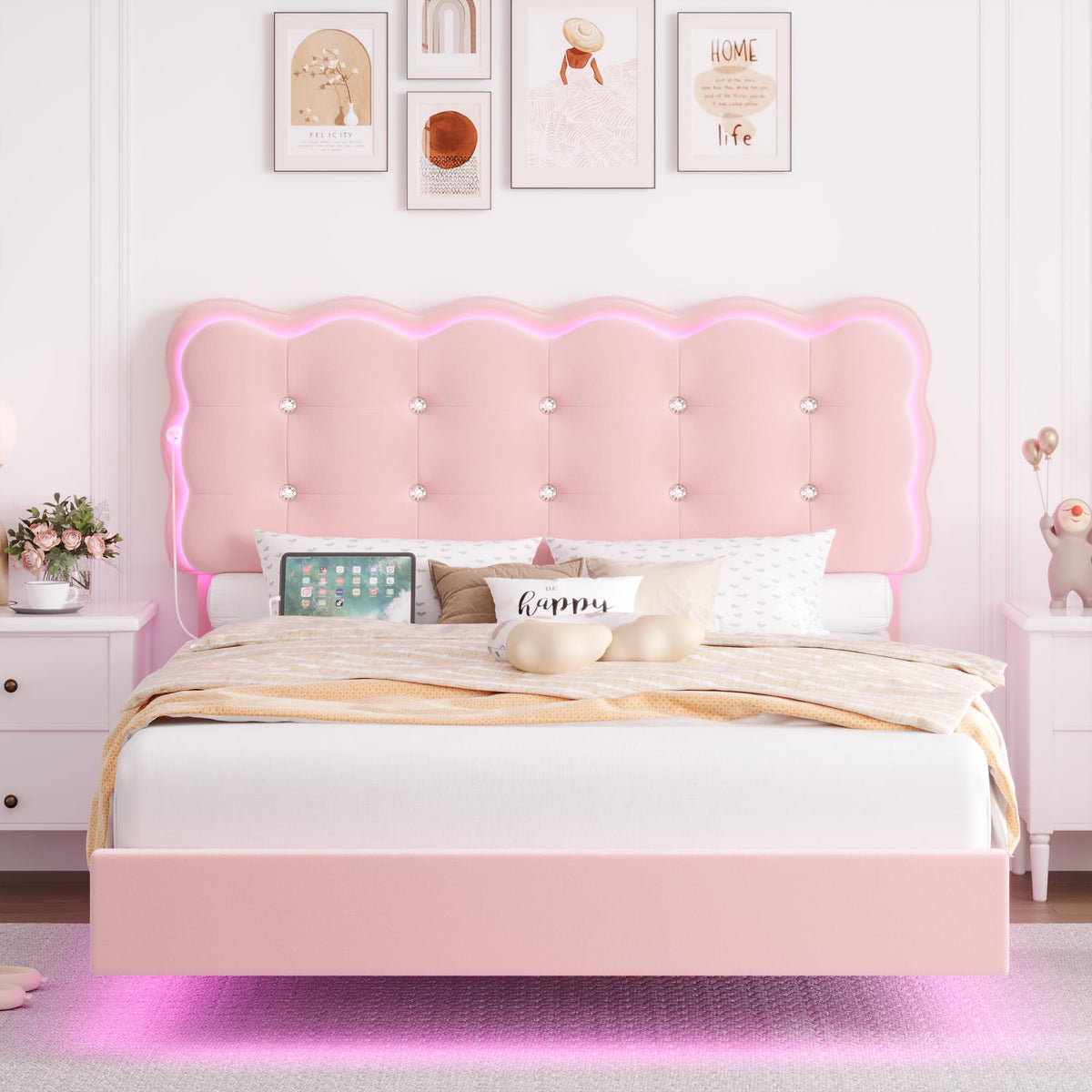 Full Size LED Bed Frame with Charging Station Headboard G2654