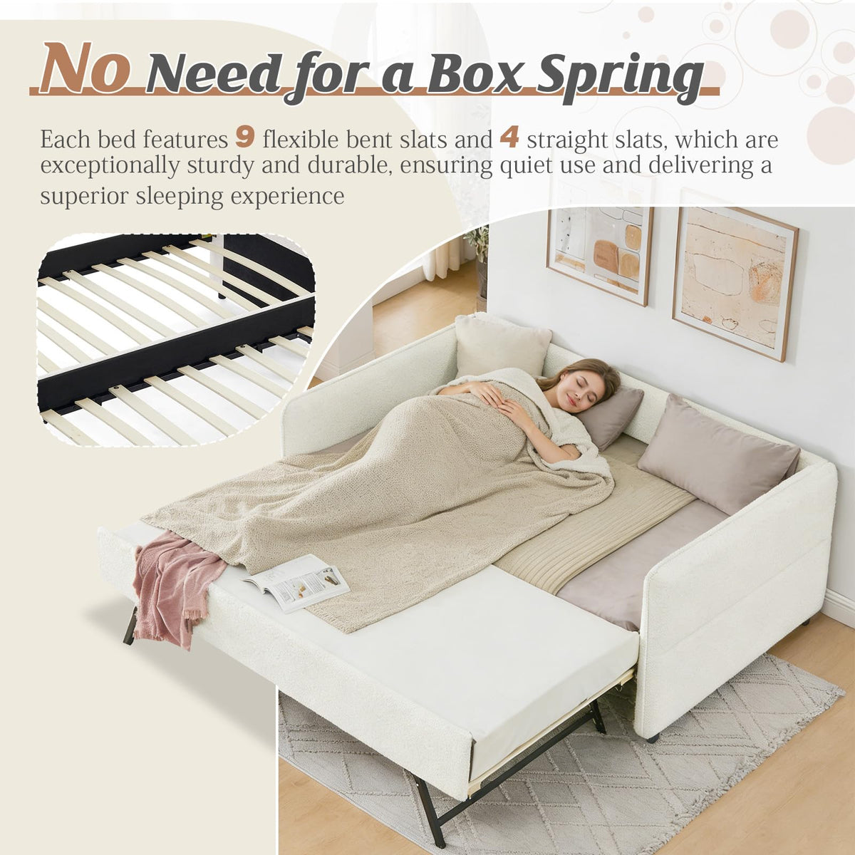 Twin Size Beige Boucle Upholstered Daybed with Trundle V9213