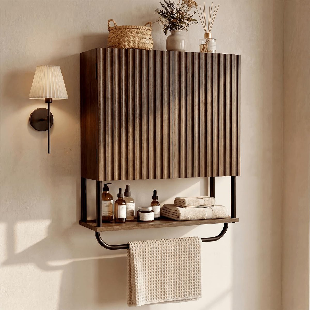 Farmhouse Fluted Wood Wall Mounted Bathroom Cabinet with Adjustable Shelf G2055
