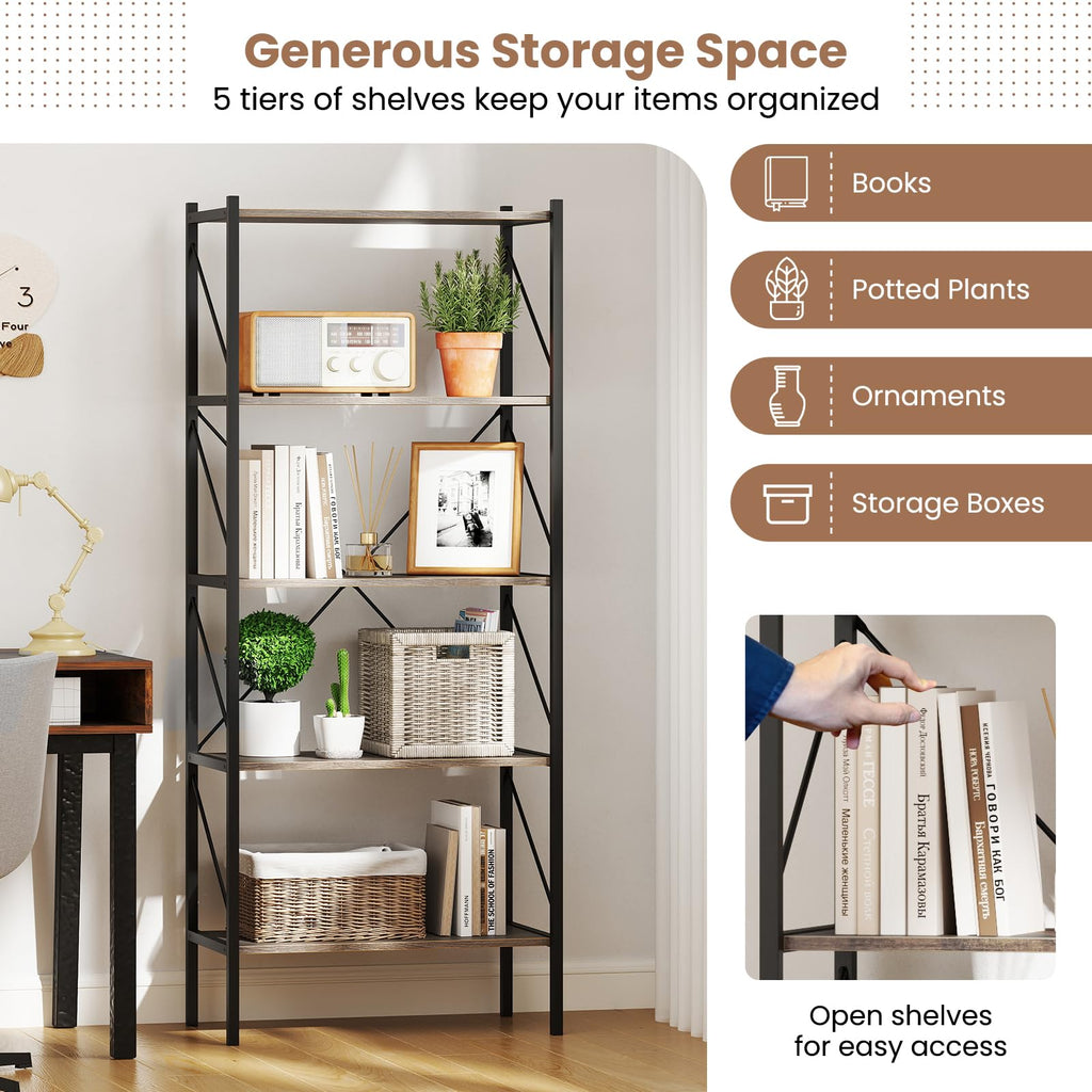 5-Tier Industrial Bookshelf with Open Storage Shelves F738