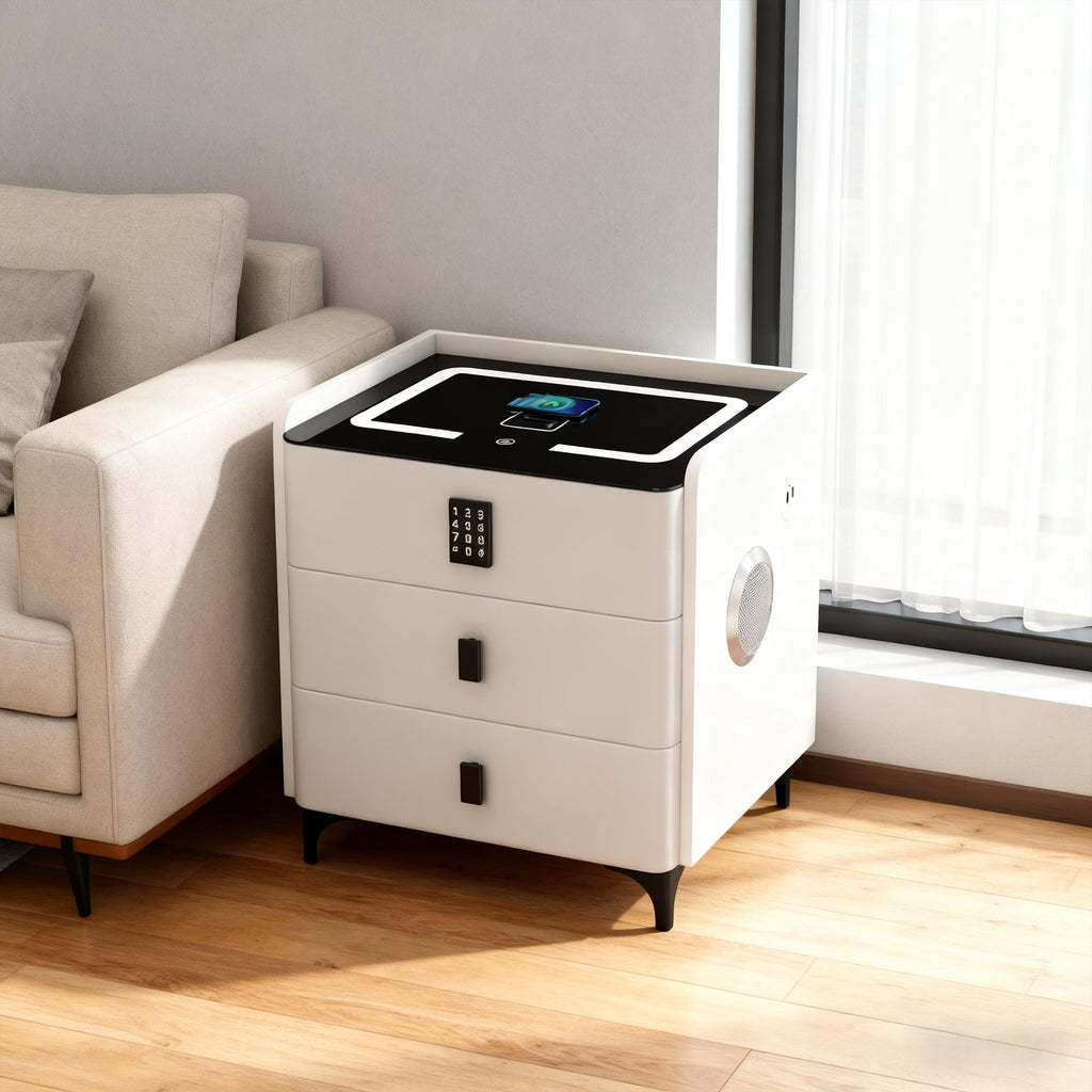 White Nightstand with Charging Station and LED Lights I843