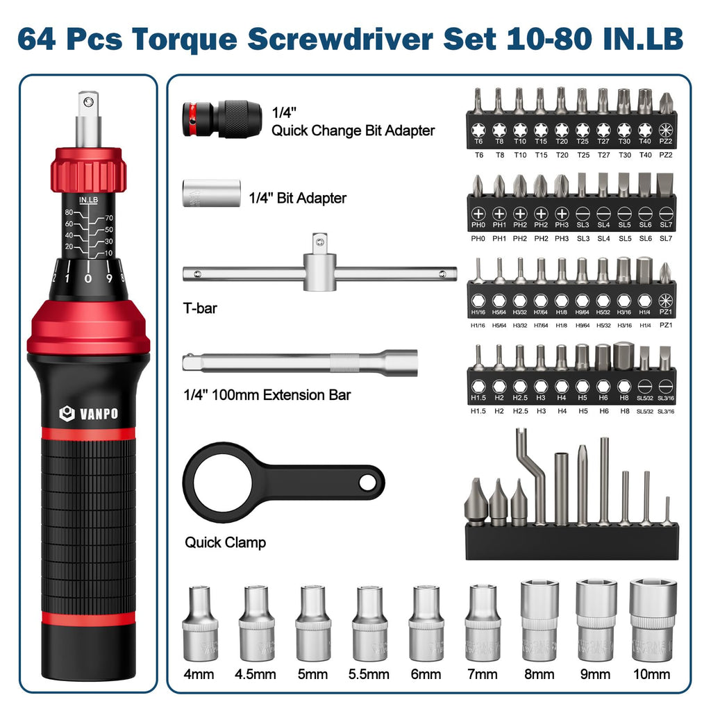 Torque Screwdriver, 10–80 in-lb, 64 Pieces J728