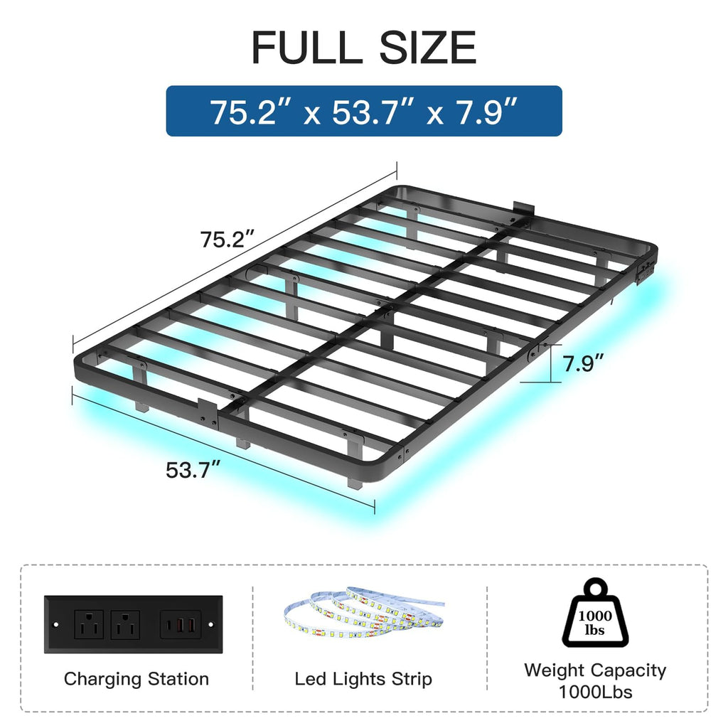 Full Size Floating Platform Bed Frame with LED Lights & Charging Station X997152