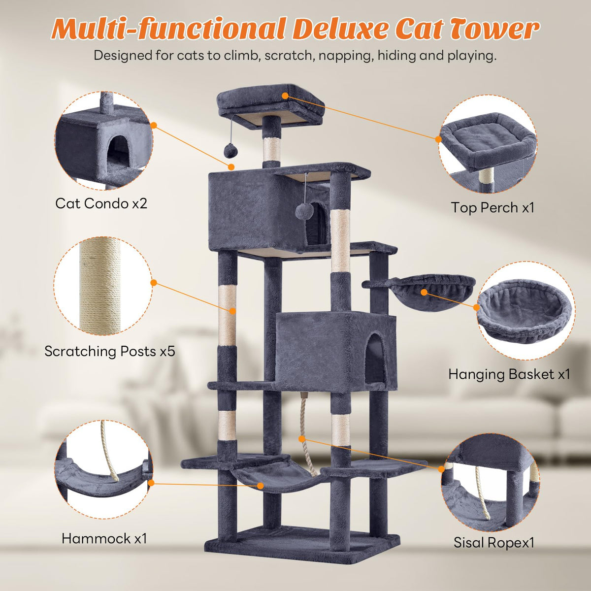 66 Inch Cat Tree Tower with Scratching Posts V189888