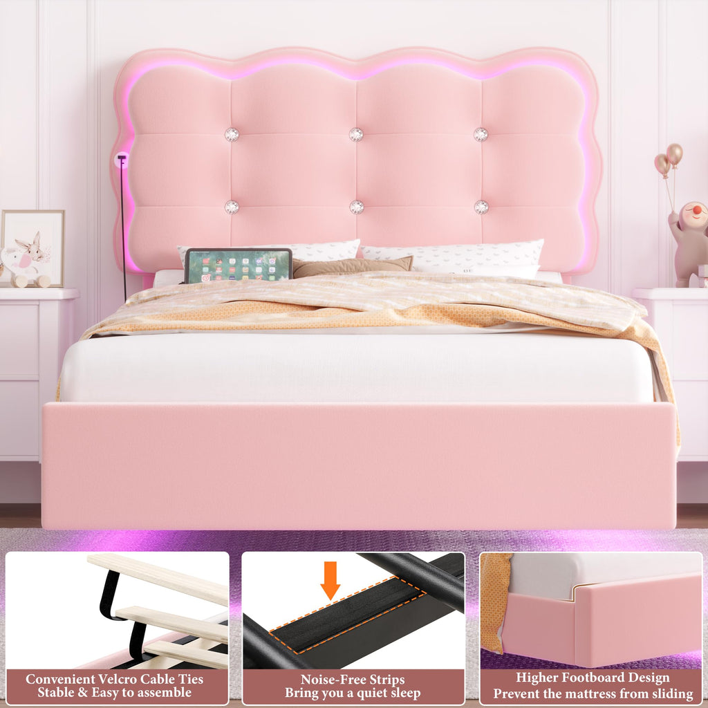 Full Size LED Bed Frame with Charging Station Headboard G2654