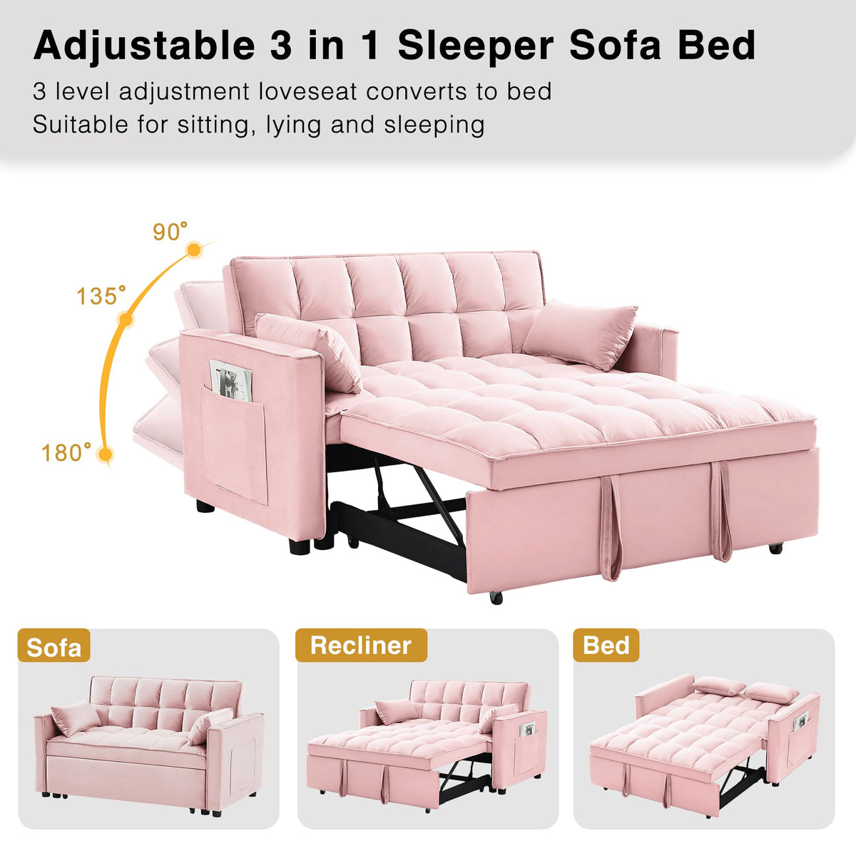 3 in 1 Convertible Sleeper Sofa Bed Velvet Pink O555