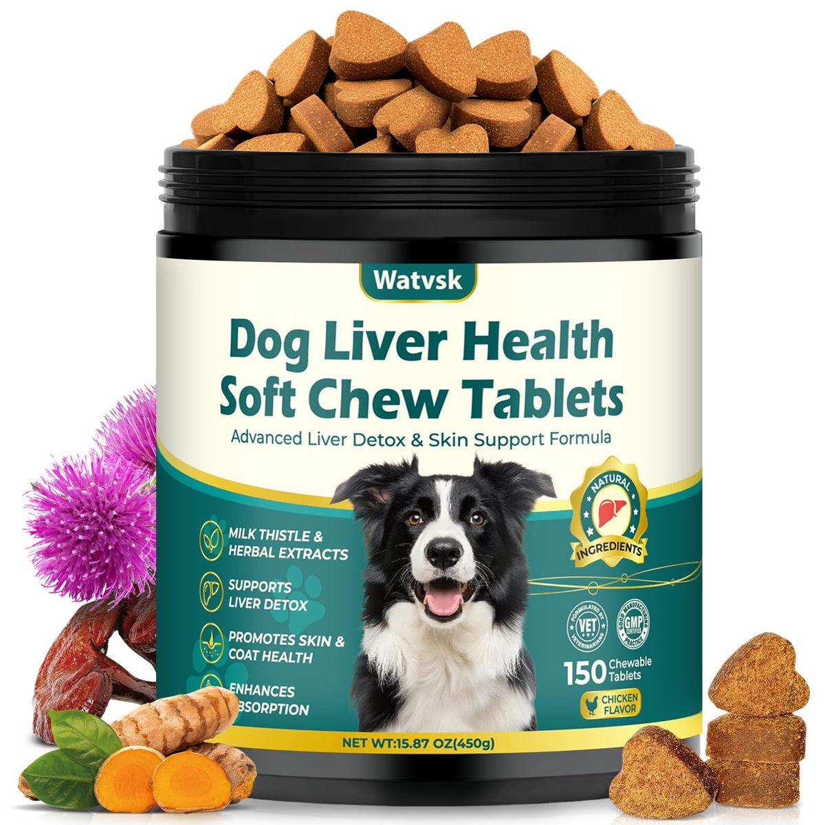 Milk Thistle Supplement for Dogs with Curcumin Choline Fish Oil Prebiotics Chicken Flavor Z1371