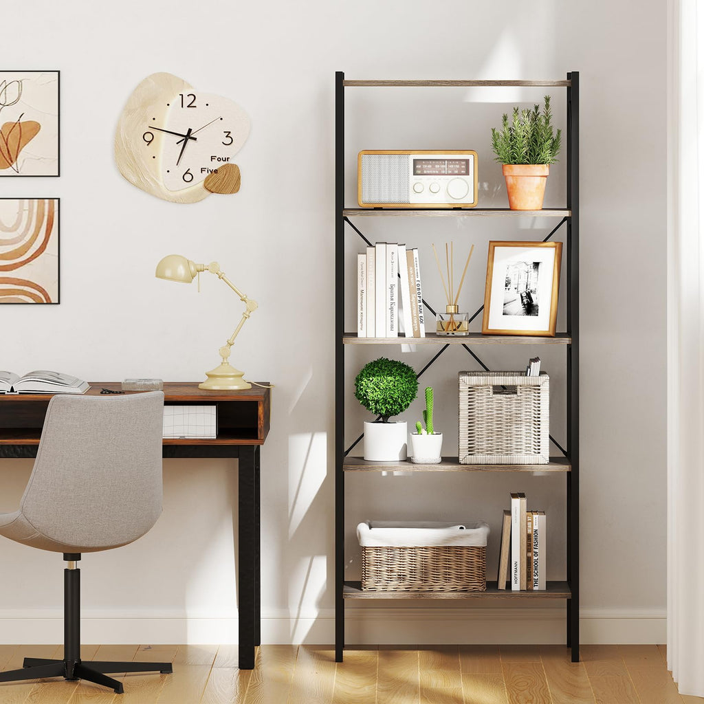 5-Tier Industrial Bookshelf with Open Storage Shelves F738