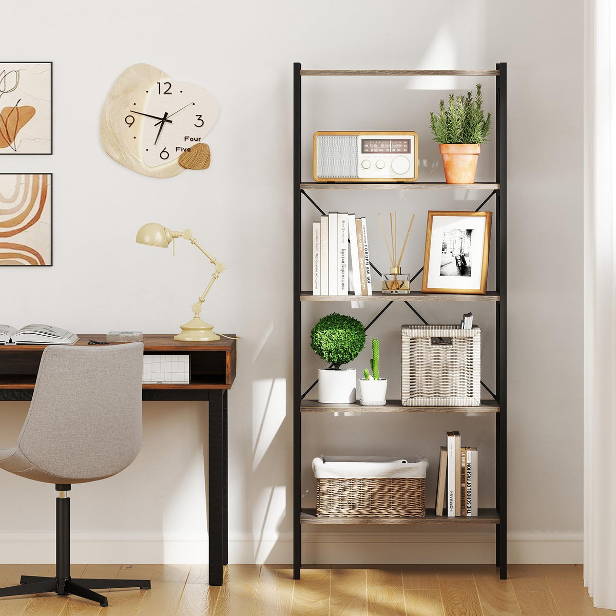 5-Tier Industrial Bookshelf with Open Storage Shelves F738