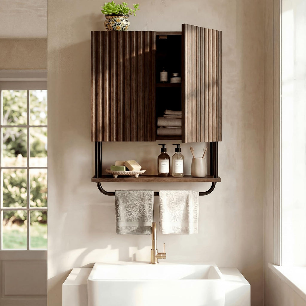Farmhouse Fluted Wood Wall Mounted Bathroom Cabinet with Adjustable Shelf G2055