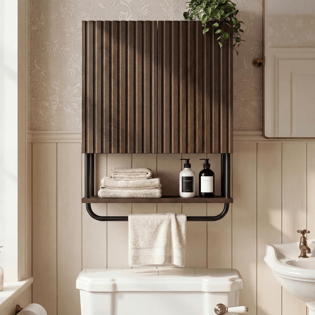 Farmhouse Fluted Wood Wall Mounted Bathroom Cabinet with Adjustable Shelf G2055