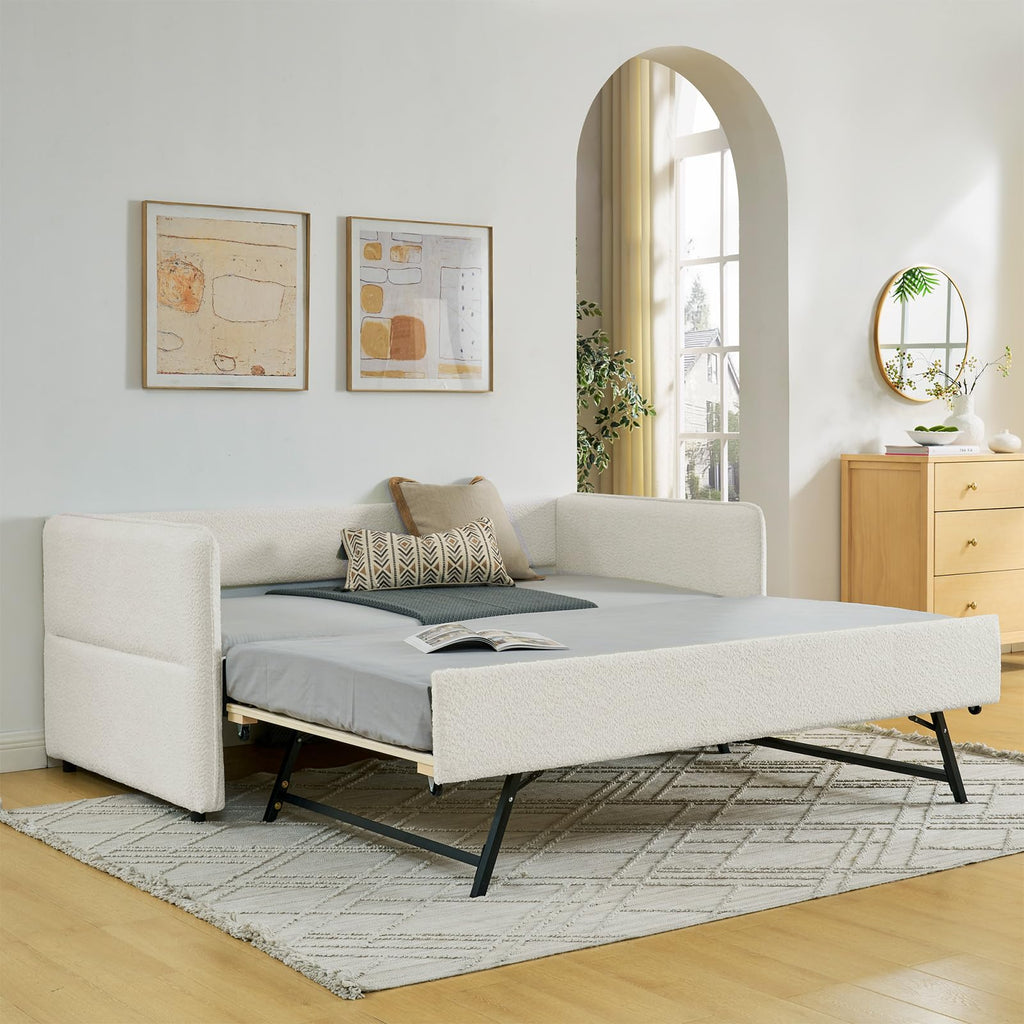 Twin Size Beige Boucle Upholstered Daybed with Trundle V9213