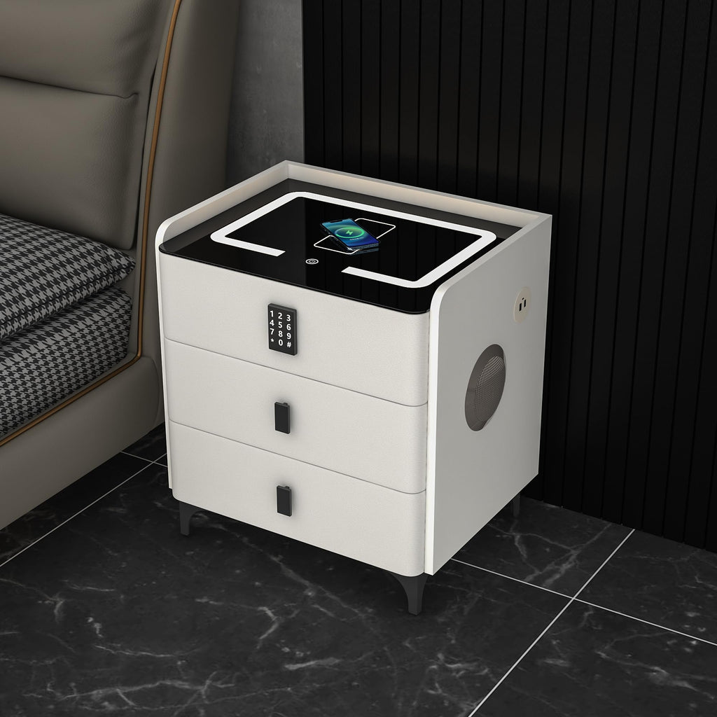 White Nightstand with Charging Station and LED Lights I843