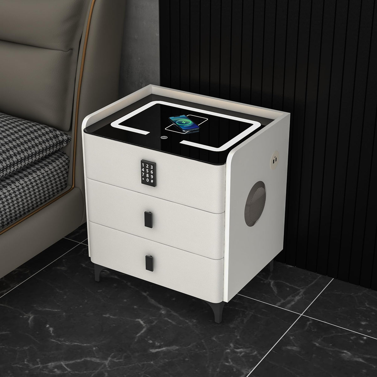 White Nightstand with Charging Station and LED Lights I843