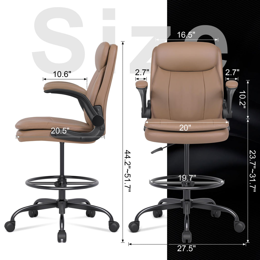 Leather Drafting Chair with Adjustable Height and Flip-up Armrest T6854