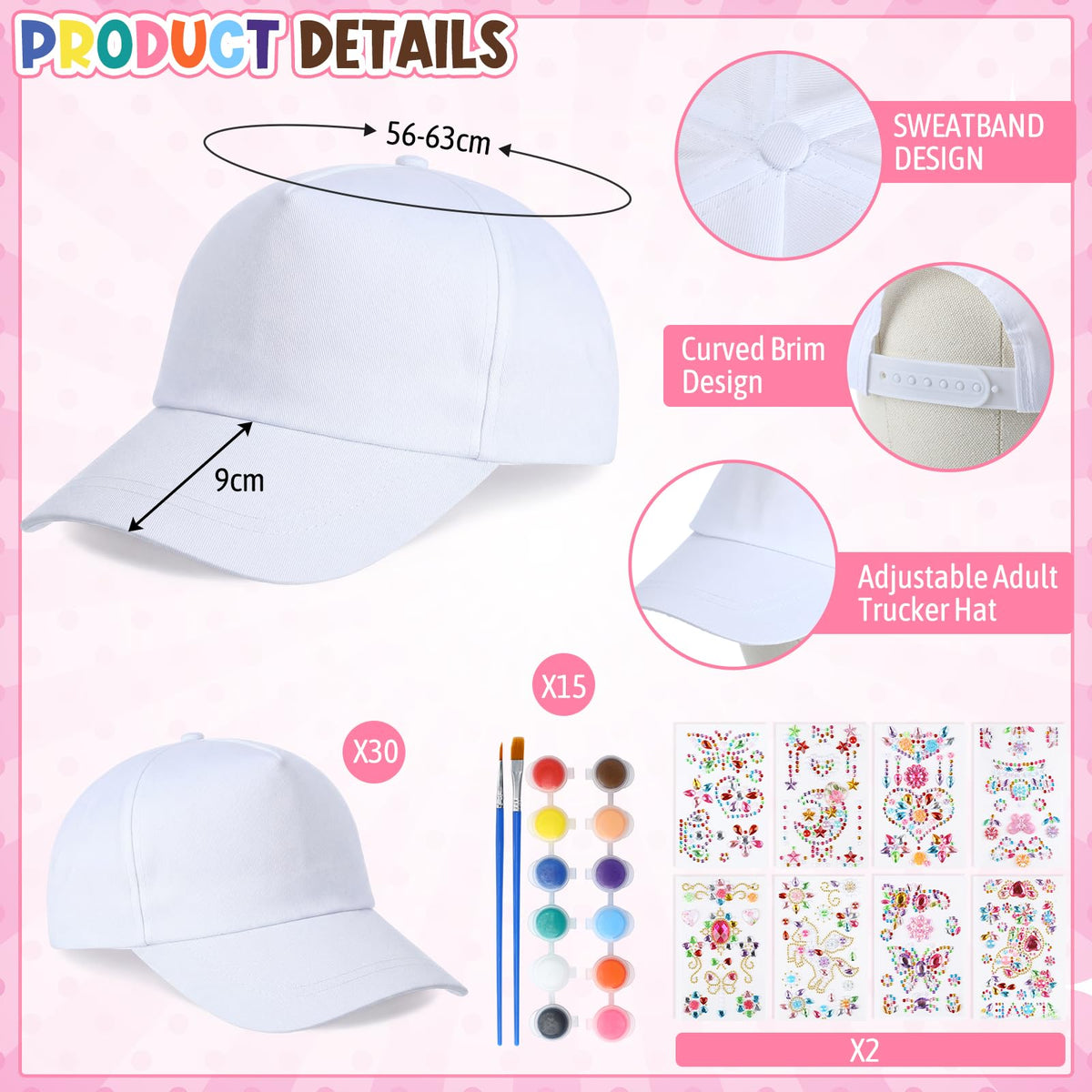30 Pcs White Blank Adjustable Baseball Caps with Acrylic Paint Brushes K6253