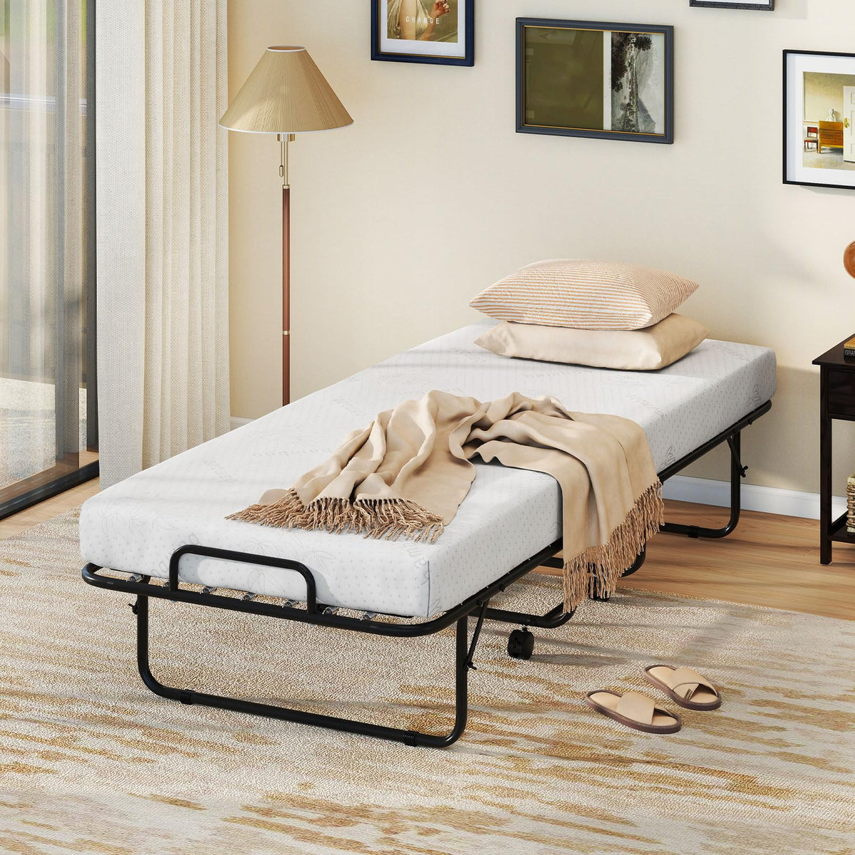 Folding Bed with Mattress, Cot Size Gel Memory Foam Metal Frame B1300
