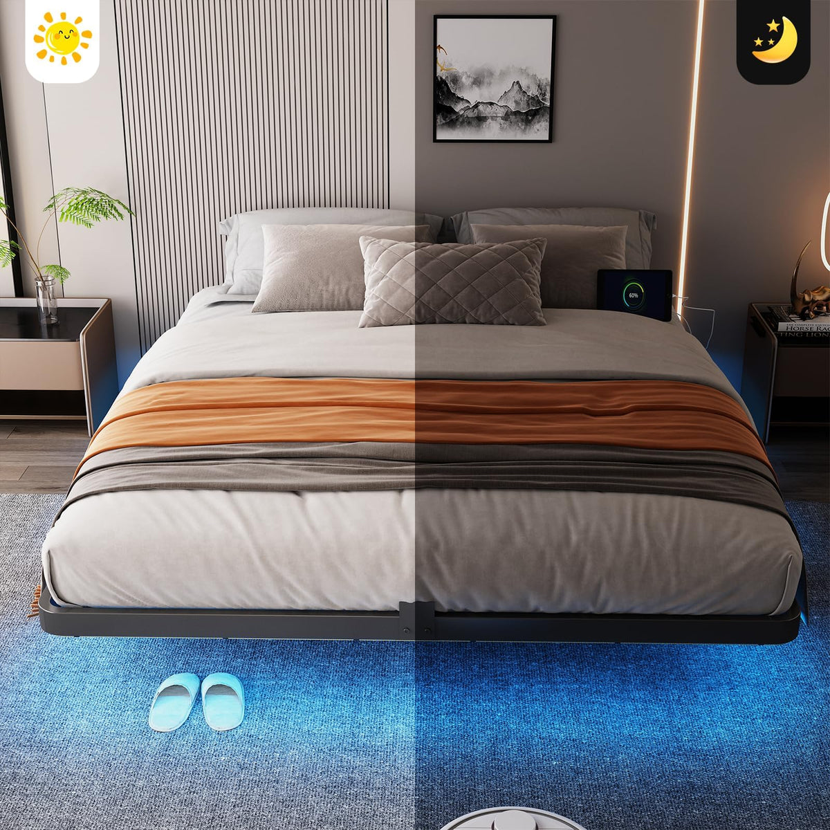 Full Size Floating Platform Bed Frame with LED Lights & Charging Station X997152