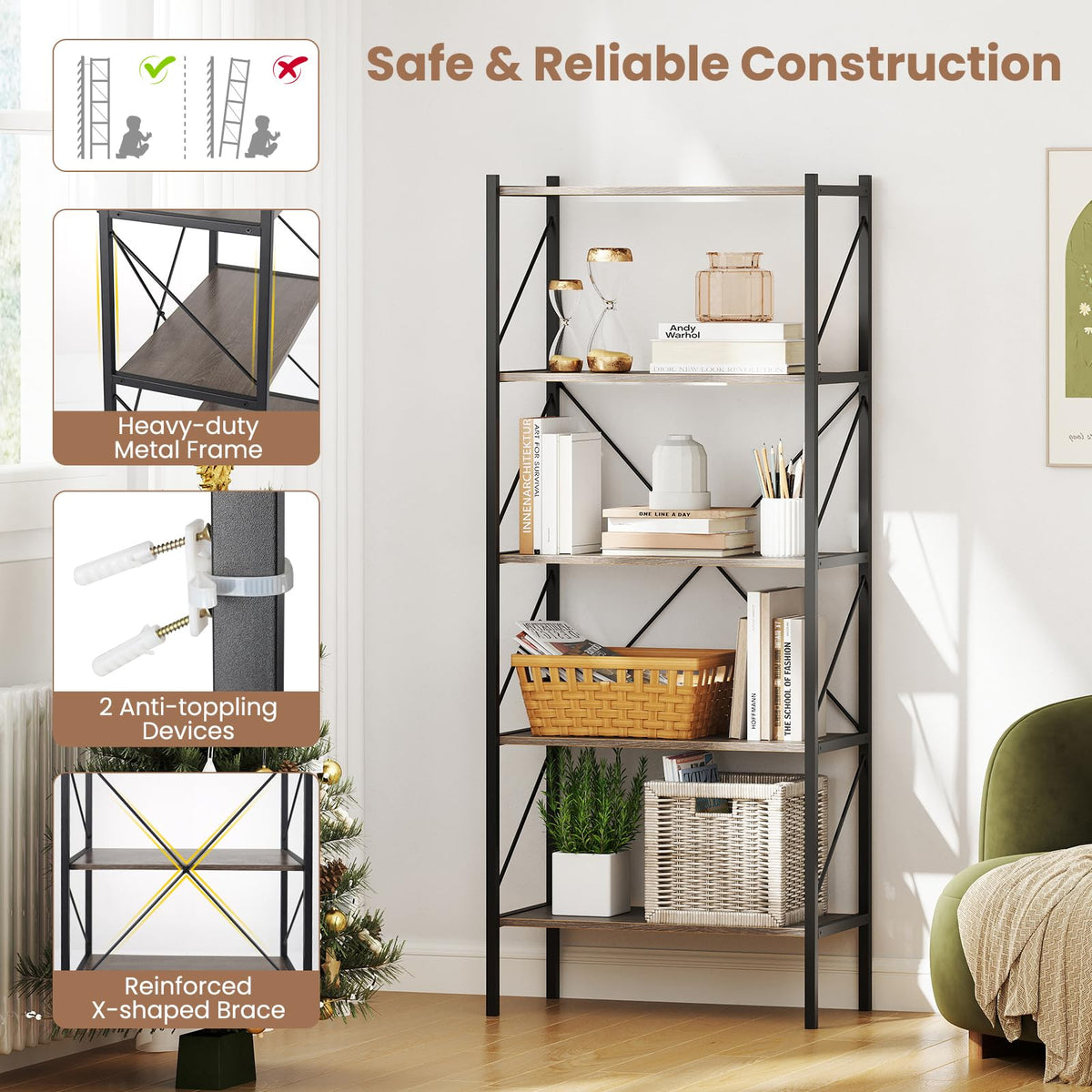 5-Tier Industrial Bookshelf with Open Storage Shelves F738