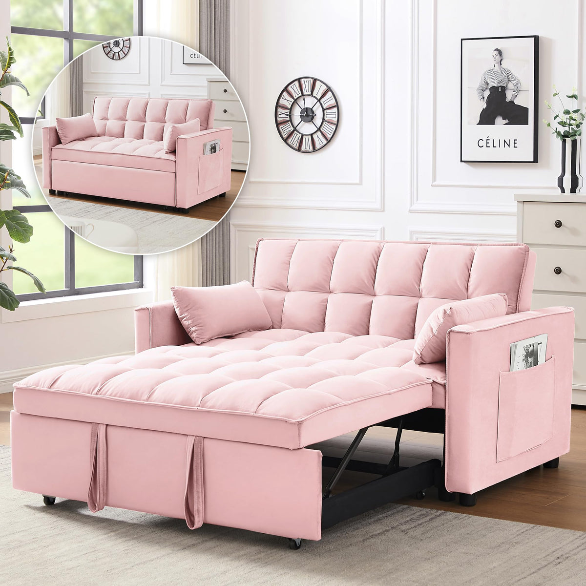 3 in 1 Convertible Sleeper Sofa Bed Velvet Pink O555