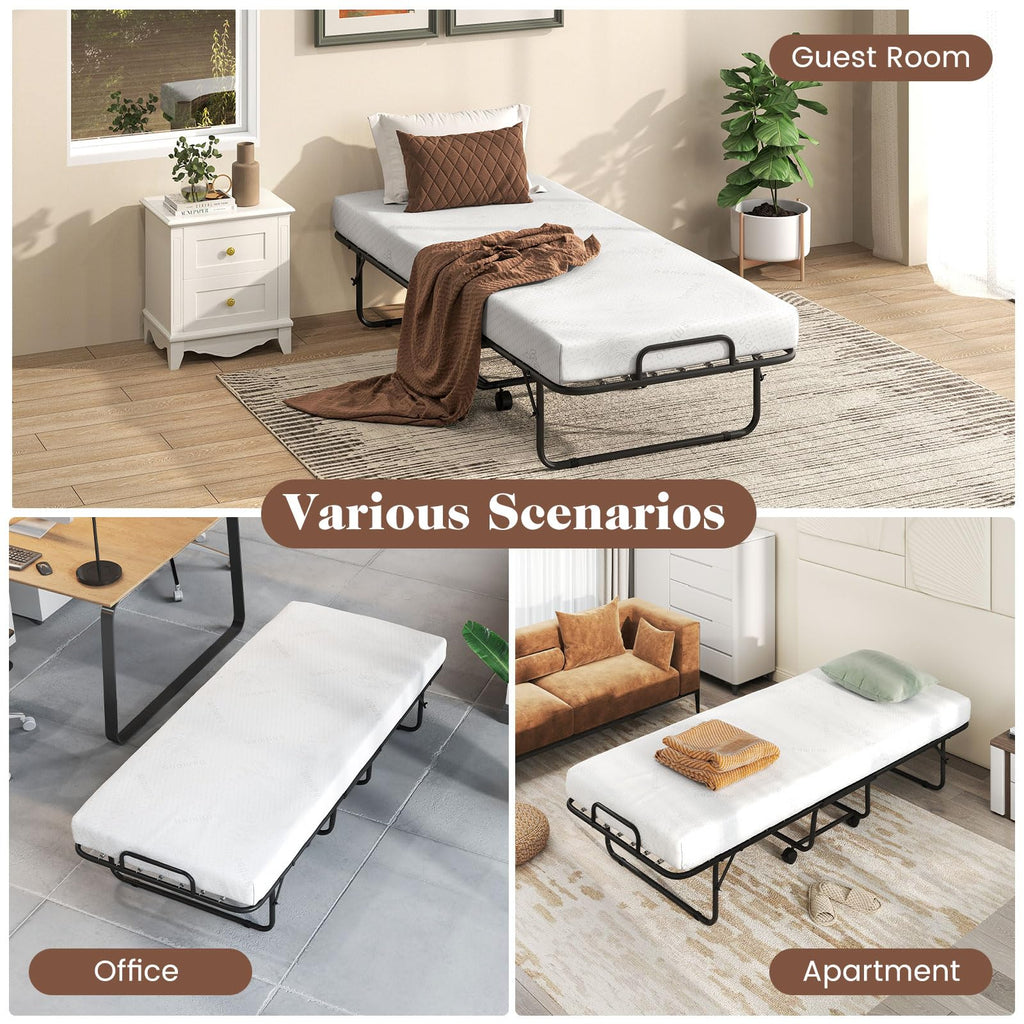 Folding Bed with Mattress, Cot Size Gel Memory Foam Metal Frame B1300